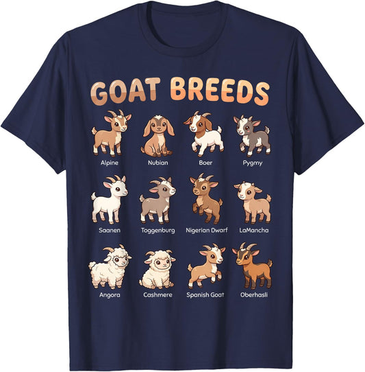 Goat Breeds for Kids Farm Animals Learning Chart T-Shirt - T-Shirt | Navy
