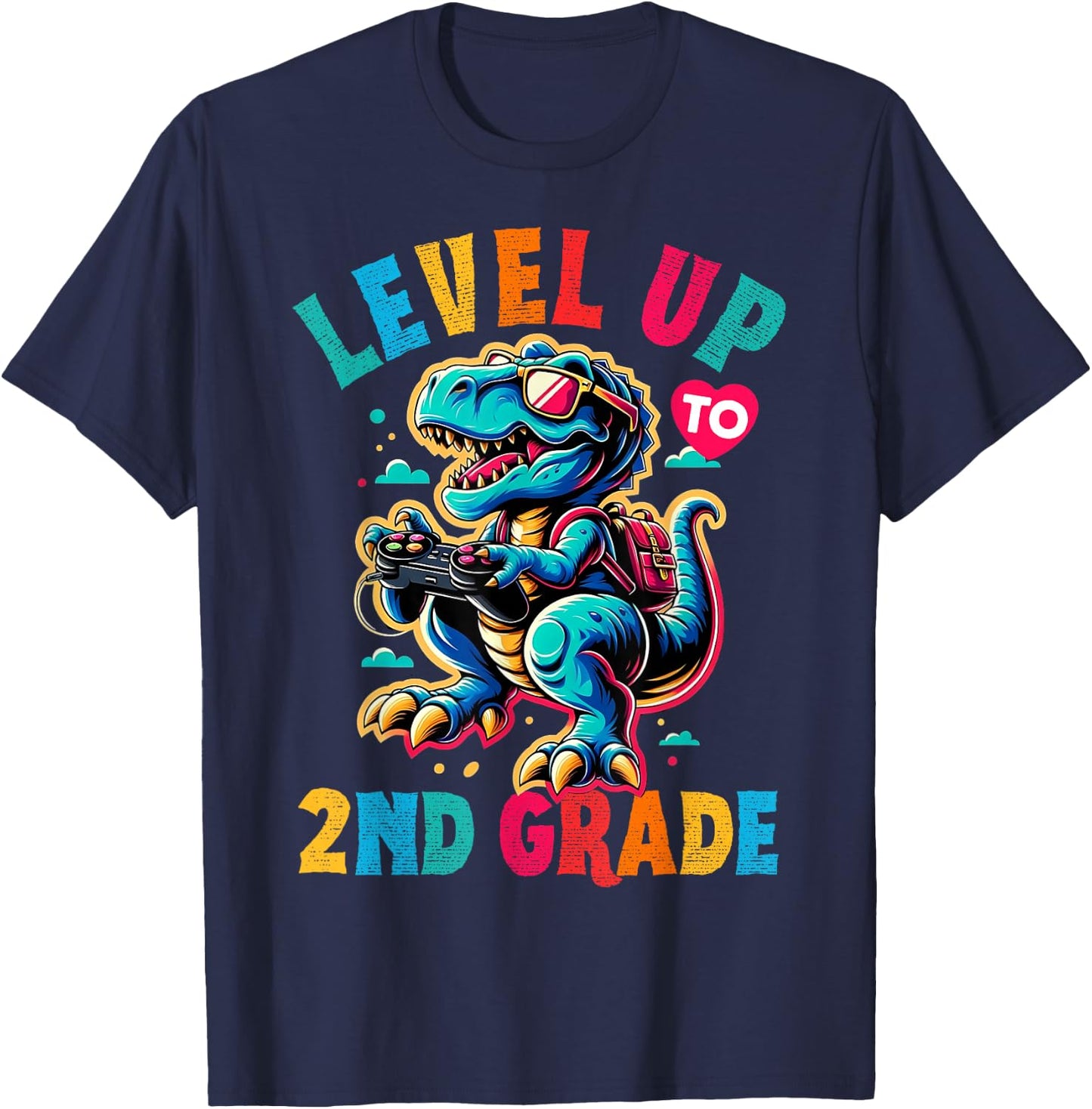 Dinosaur boys back to School 2nd grade Level up video games T-Shirt - T-Shirt | Navy