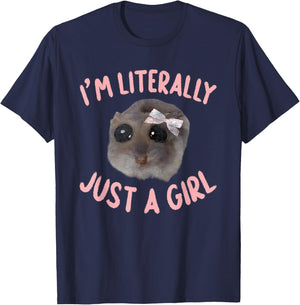 I'm Literally Just A Girl Sad Hamster Meme With Pink Ribbon T-Shirt - T-Shirt | Navy