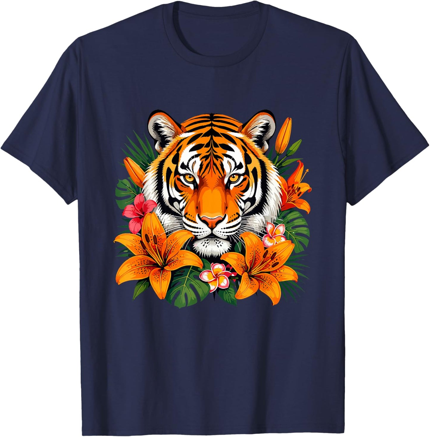 Tropical Tiger with Orange Lilies Jungle Flowers T-Shirt - T-Shirt | Navy