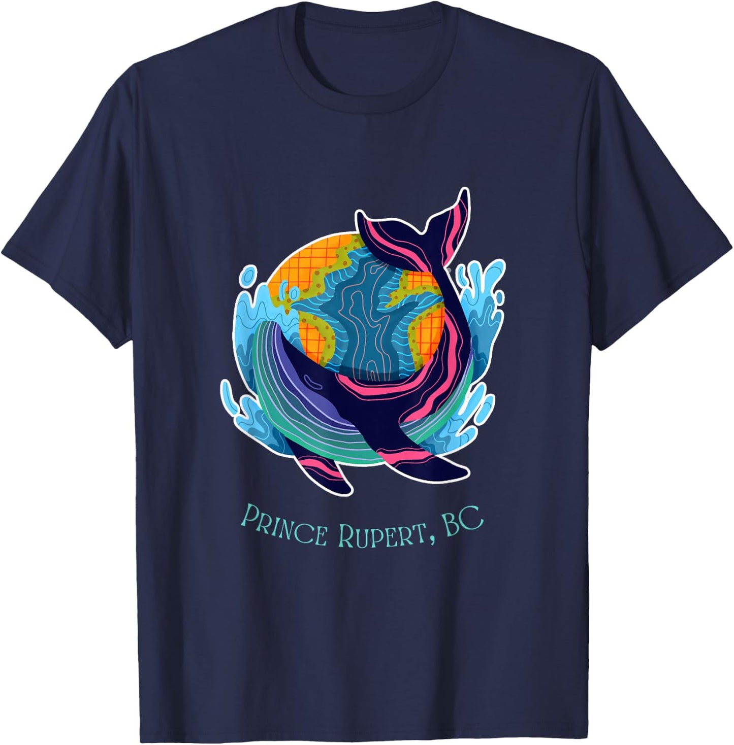 Prince Rupert, BC Colorful Abstract Indigo Whale Design T-Shirt - T-Shirt | Navy