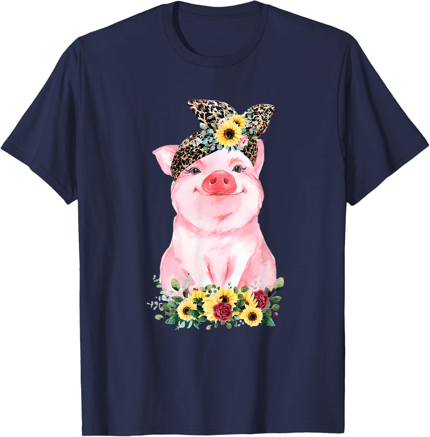 Pig With Leopard Headband Flower Cute Pig Lover T-Shirt - T-Shirt | Navy