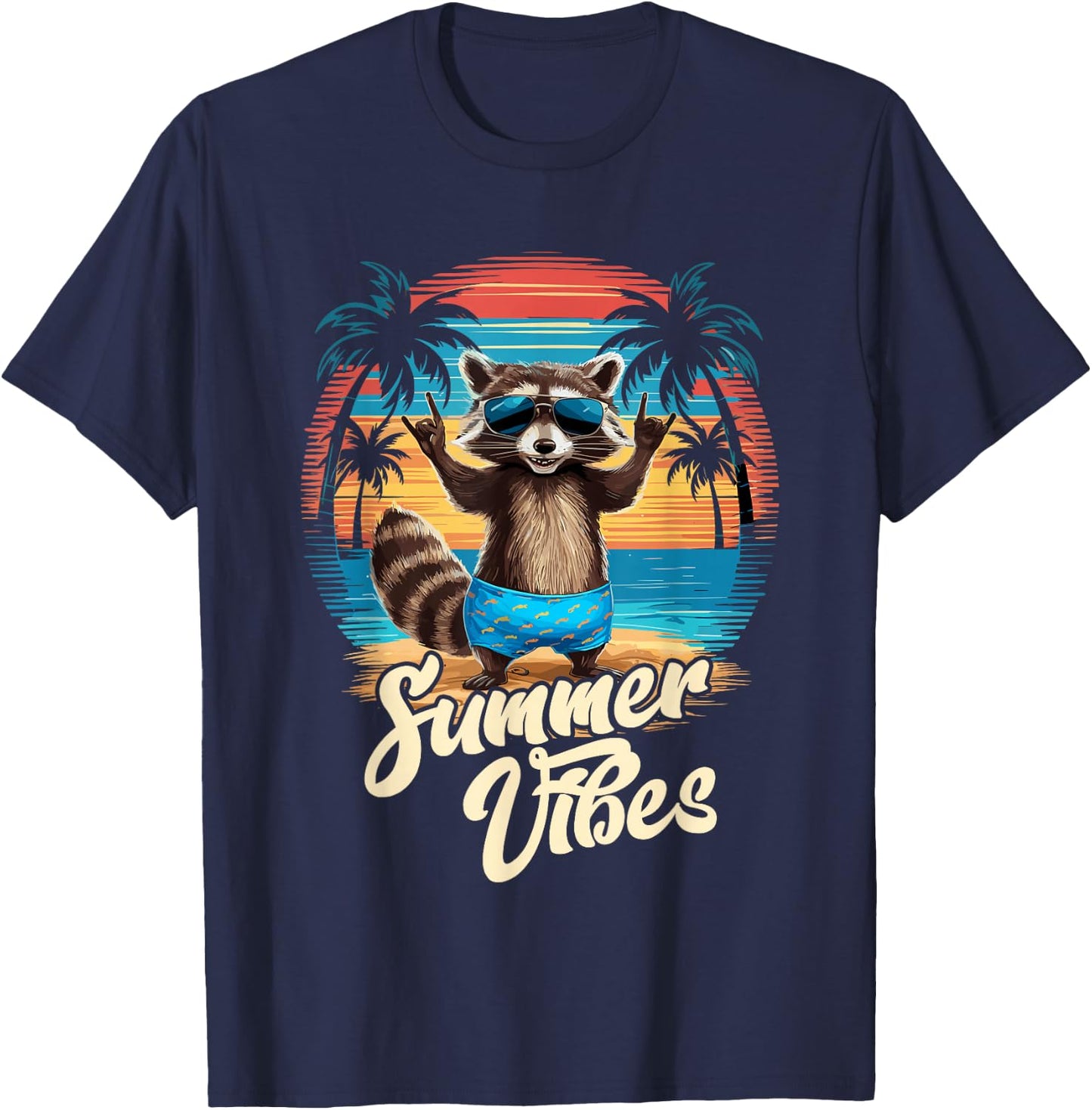Beach Caribbean Party Hawaii Holiday Surfer Raccoon Summer , black T-Shirt - T-Shirt | Navy