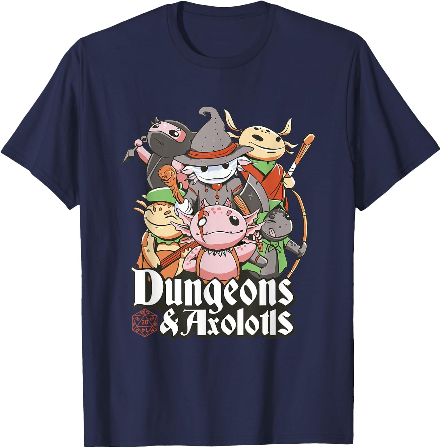 Funny Dungeon Axolotl Wizards And Warriors Medieval D20 Dice T-Shirt - T-Shirt | Navy
