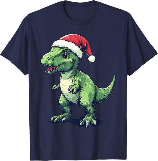 Dinosaur Santa Hat Funny Dinosaur Lovers Christmas Pajama T-Shirt - T-Shirt | Navy