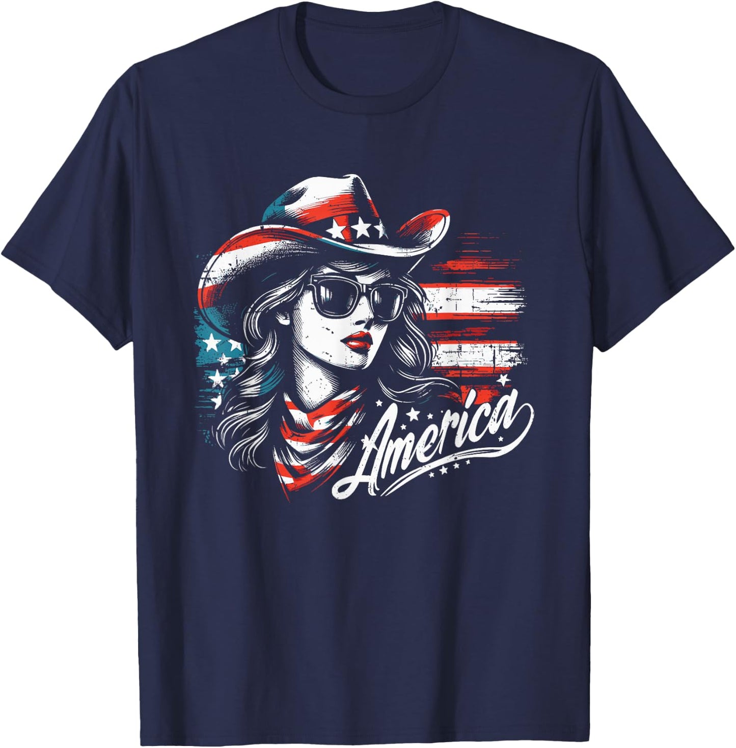 Vintage Cowgirl America Western 4th of July Girls T-Shirt - T-Shirt | Navy