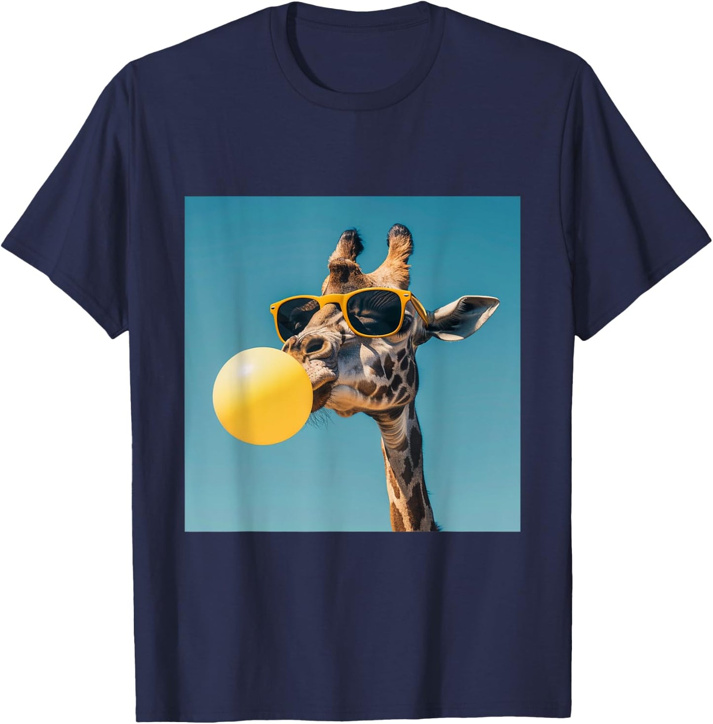 Giraffe chewing Yellow gum and Wearing sunglasses T-Shirt - T-Shirt | Navy