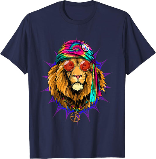 Tie Dye Hippie Lion Hippiness Peace Love Lion T-Shirt - T-Shirt | Navy