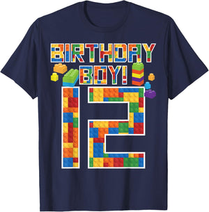 Cute 12th Birthday Gift 12 Years Old Block Building Boy Kid T-Shirt - T-Shirt | Navy