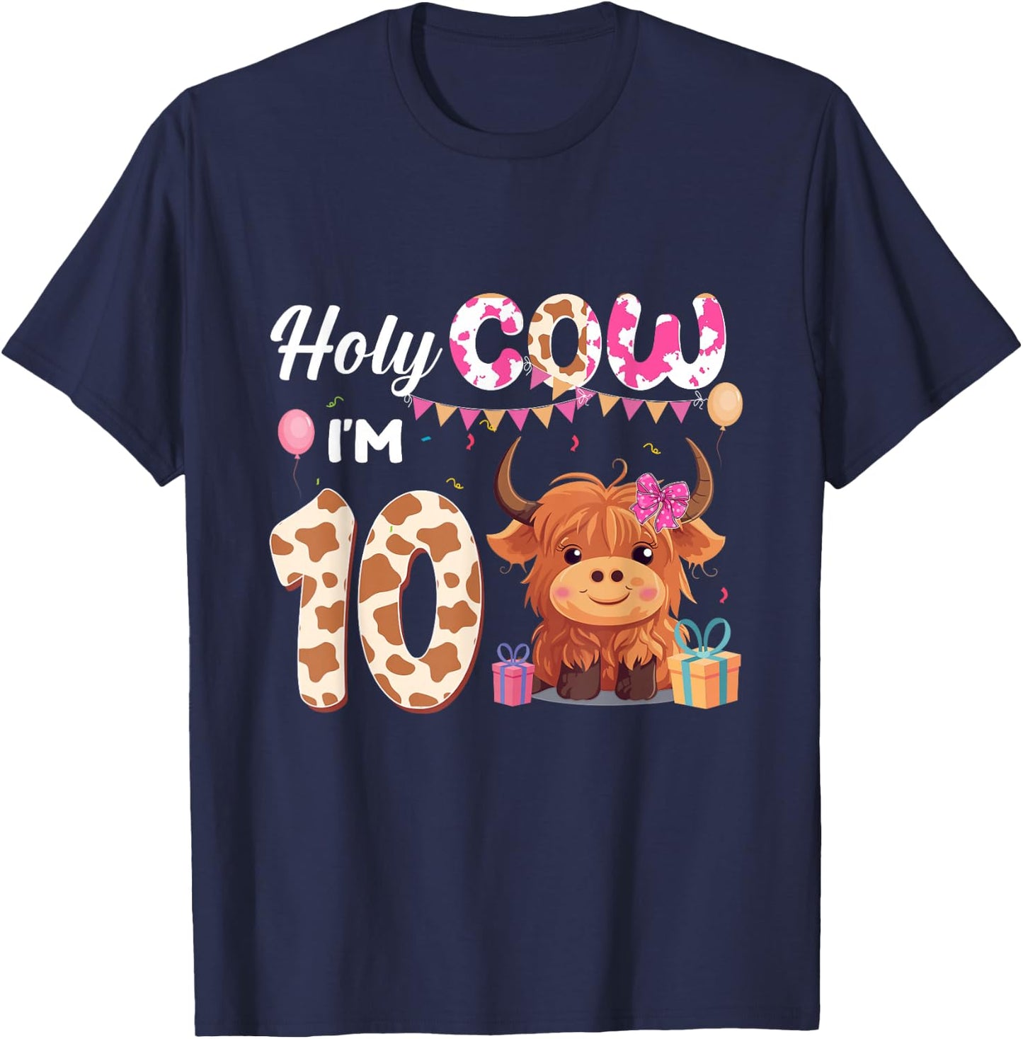 Holy Cow I'm 10 Year Old Birthday Highland Cow 10th Bday Kid T-Shirt - T-Shirt | Navy