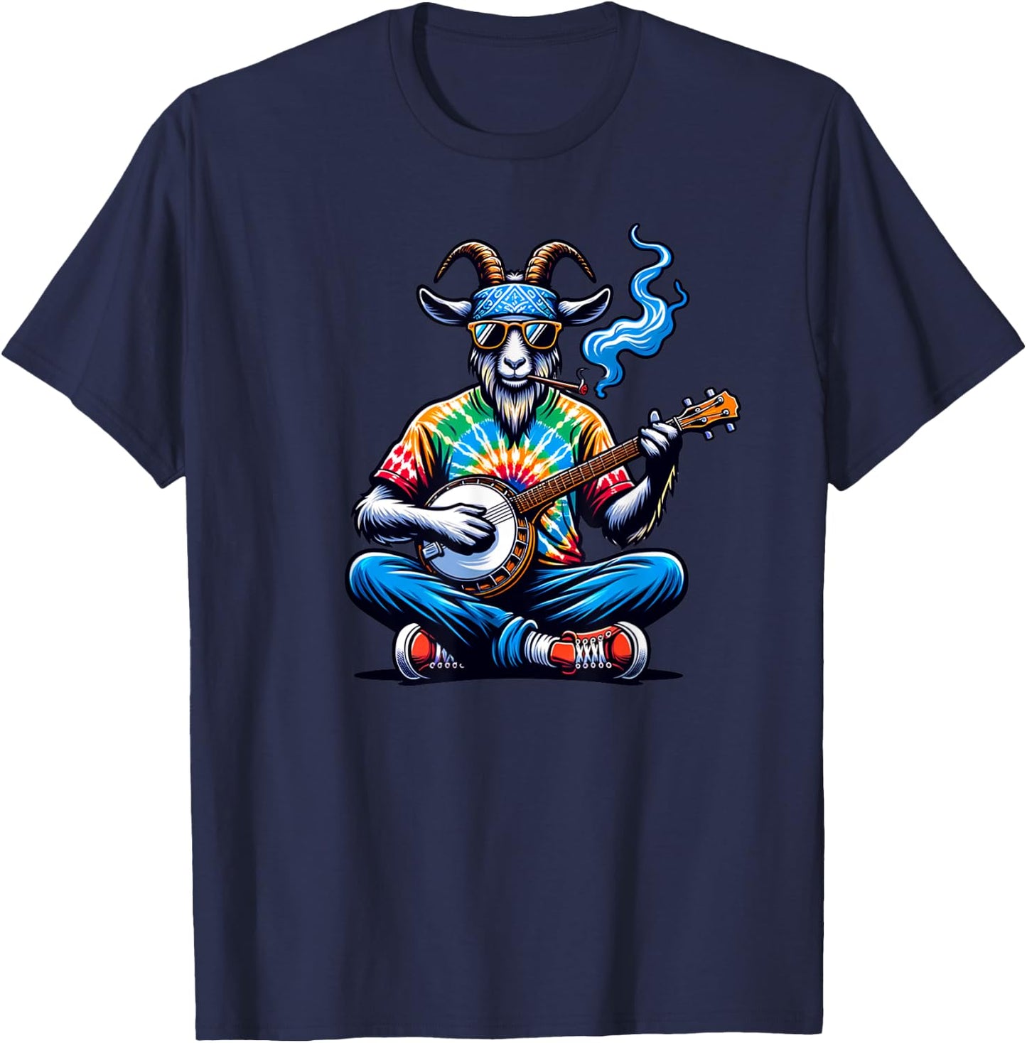 Goat Playing Bluegrass Music on a Banjo Wearing Tie Dye T-Shirt - T-Shirt | Navy