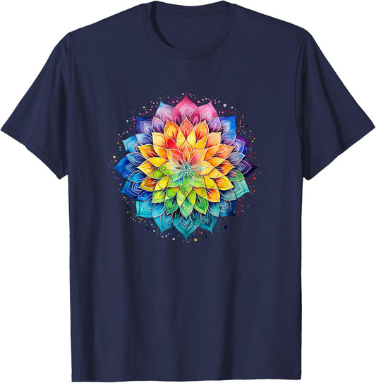 Lotus Flower Rainbow Mandala Yoga Meditation Mindfulness , black T-Shirt - T-Shirt | Navy