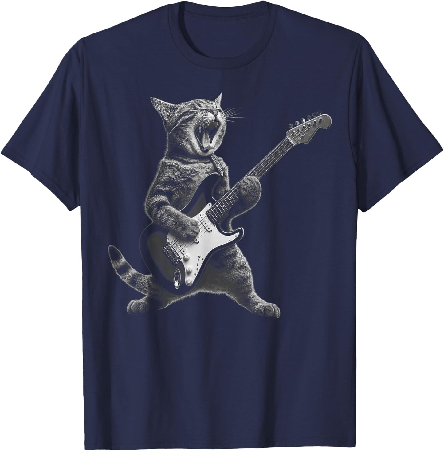 Funny Cat Playing Guitar Rock and Roll Gifts Men Women Kid T-Shirt - T-Shirt | Navy