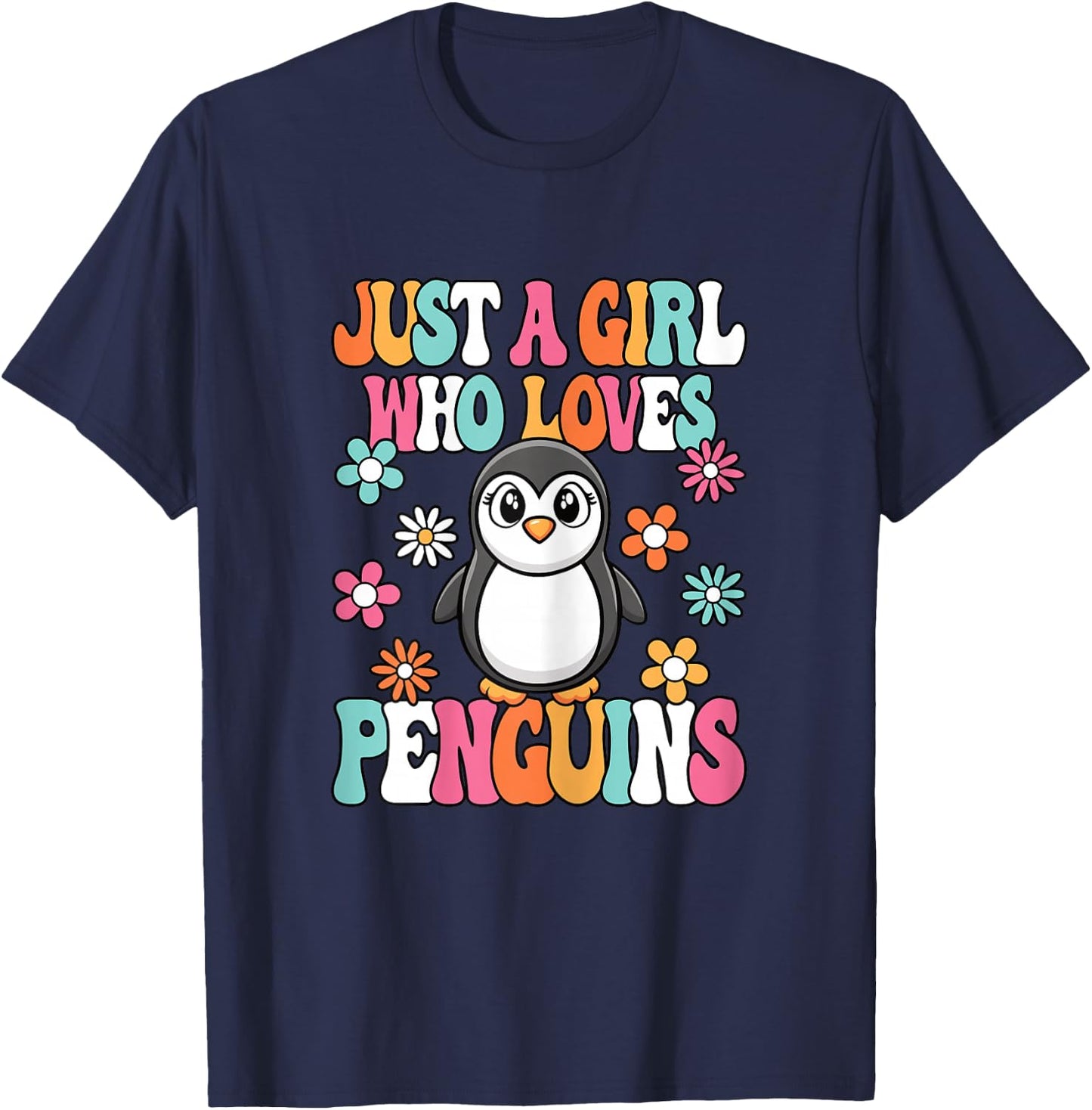 Just A Girl Who Loves Penguins Cute Groovy Penguin Kids T-Shirt - T-Shirt | Navy