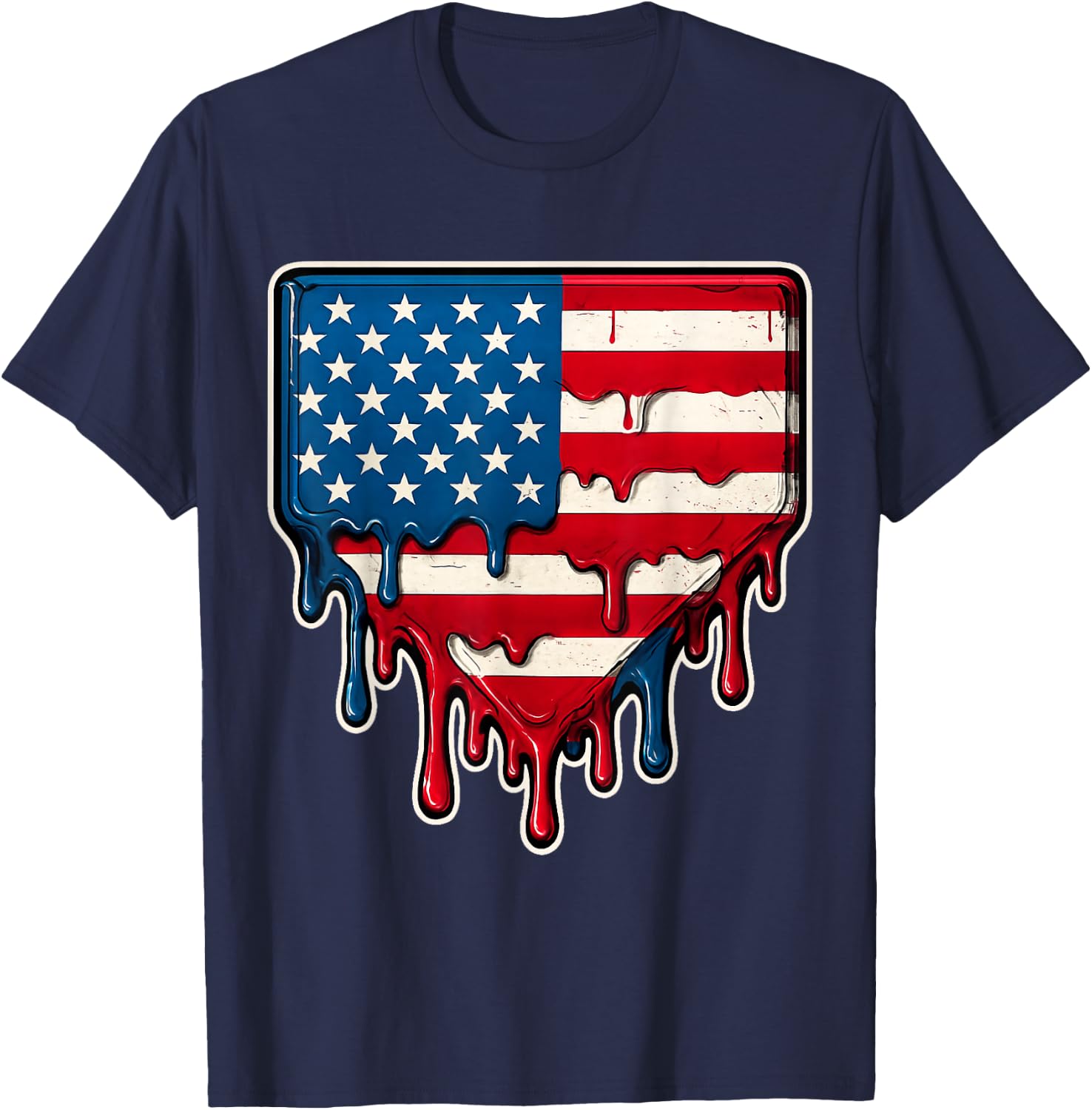 USA Flag 4th of July Baseball Drip Ice Cream Baseball Drippy T-Shirt - T-Shirt | Navy