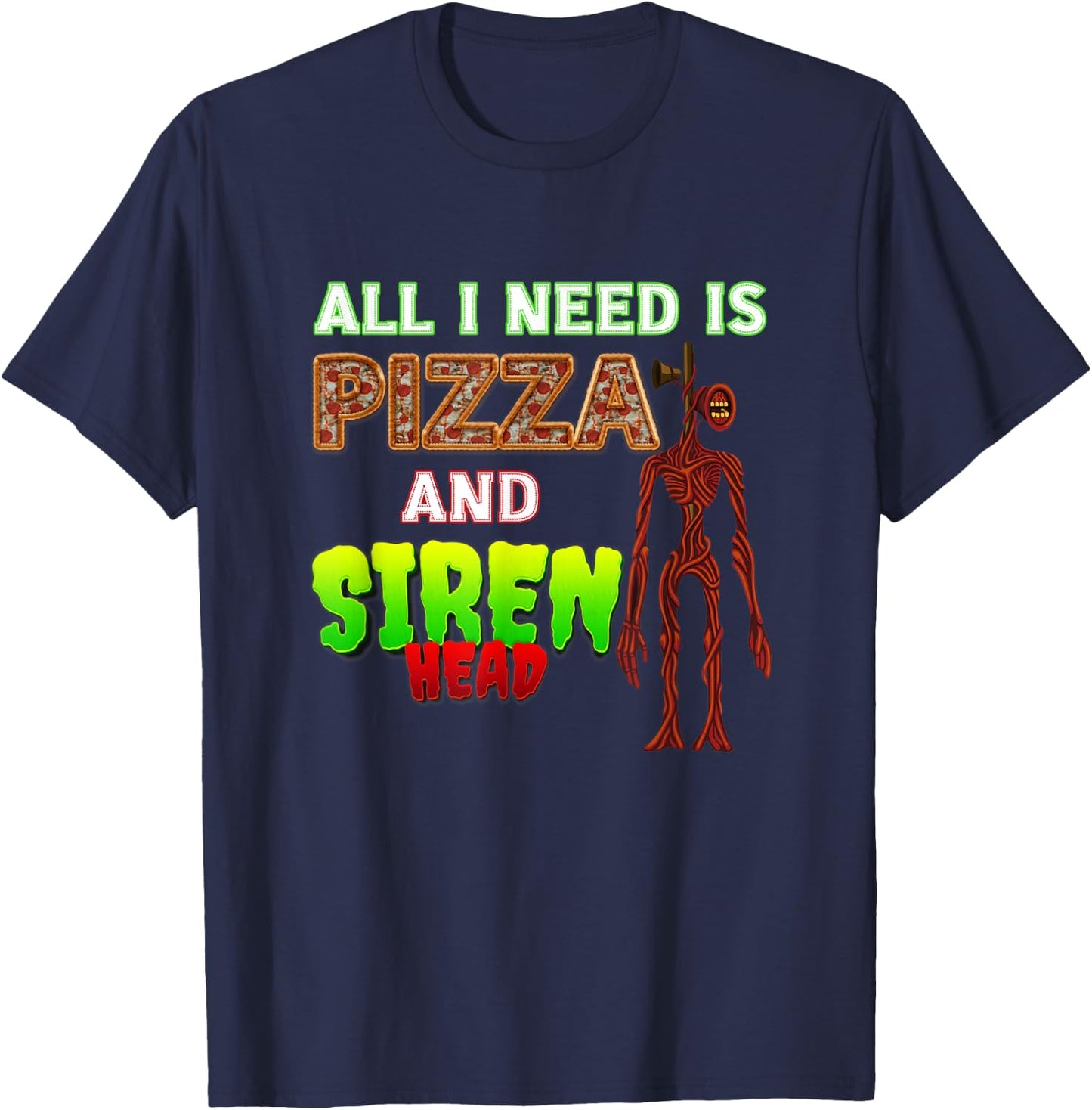 Scary Love Siren Head and Pizza T-Shirt - T-Shirt | Navy