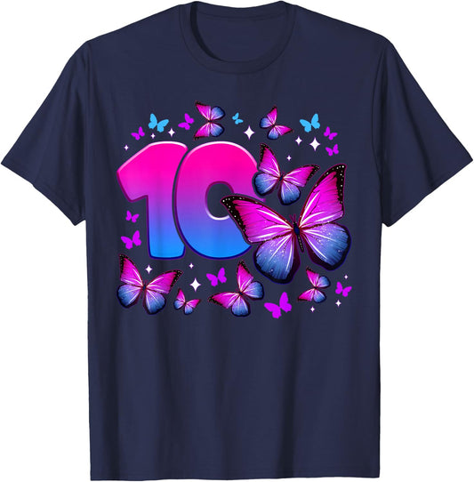 Birthday Girl 10 Years Old Butterfly Number 10 T-Shirt - T-Shirt | Navy