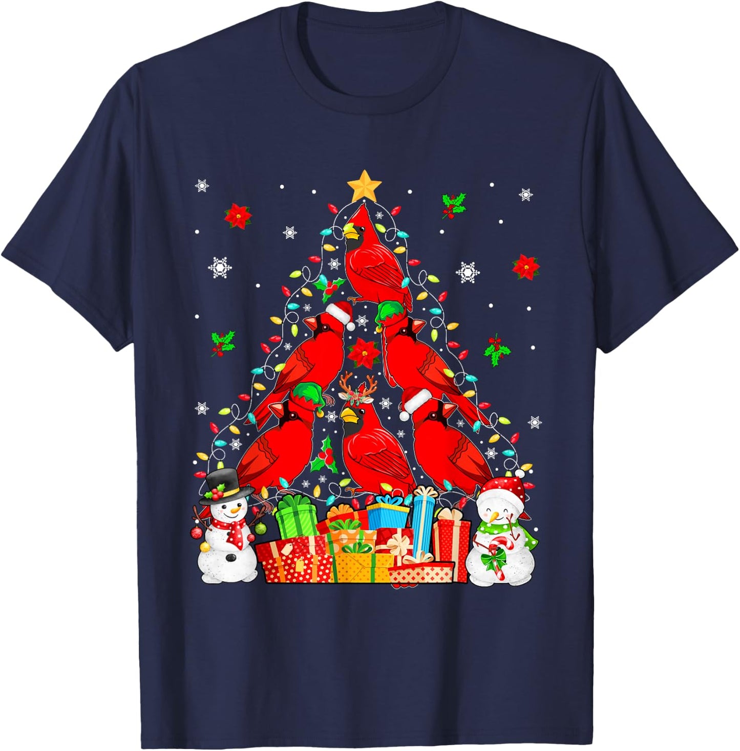 Group Santa Reindeer Elf Cardinal Birds As Xmas Tree Snowmen T-Shirt - T-Shirt | Navy