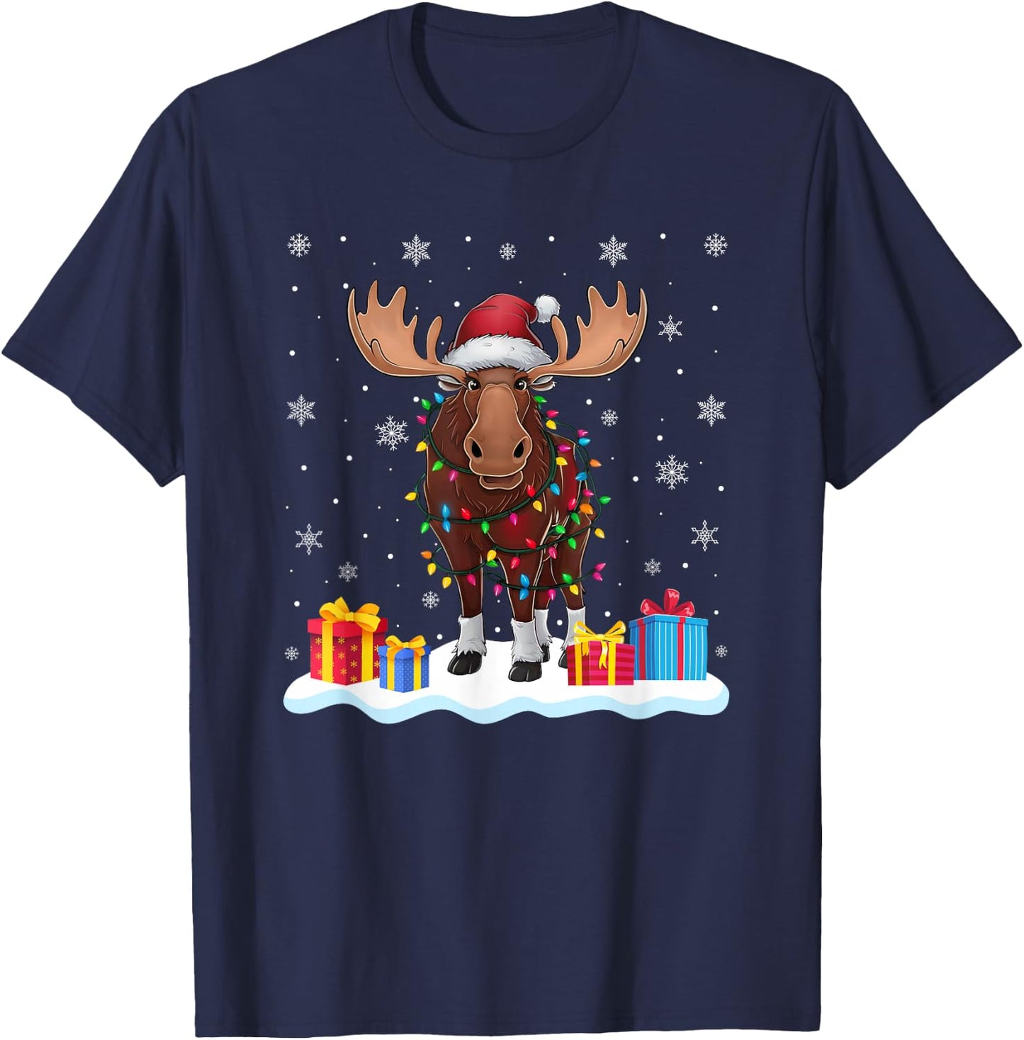 Moose Santa Hat Christmas Tree Light Xmas Pajama T-Shirt - T-Shirt | Navy
