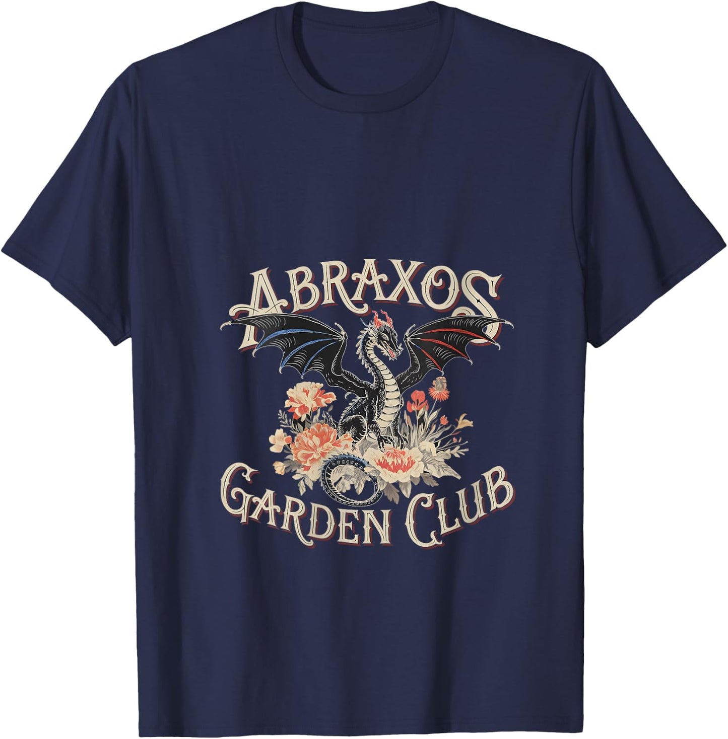 Abraxos Garden Club Dragon Vintage Fantasy Floral Design V-Neck T-Shirt - T-Shirt | Navy
