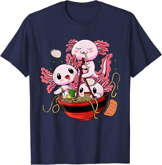 Axolotl Ramen Shirt - Kawaii Anime Axolotl Eating Ramen T-Shirt - T-Shirt | Navy