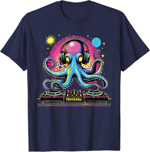 Trippy Octopus Alien Dj Funny EDM Festival Rave Cute Party T-Shirt - T-Shirt | Navy