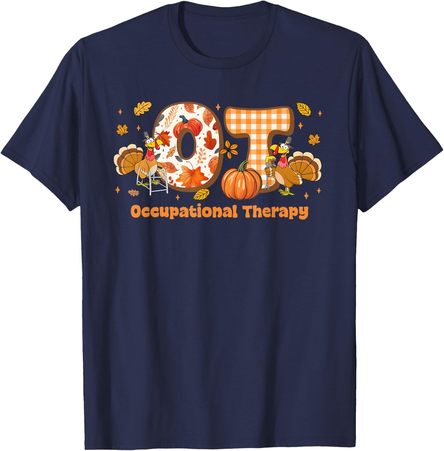 Occupational Therapy Groovy Turkey Autumn Thanksgiving T-Shirt - T-Shirt | Navy