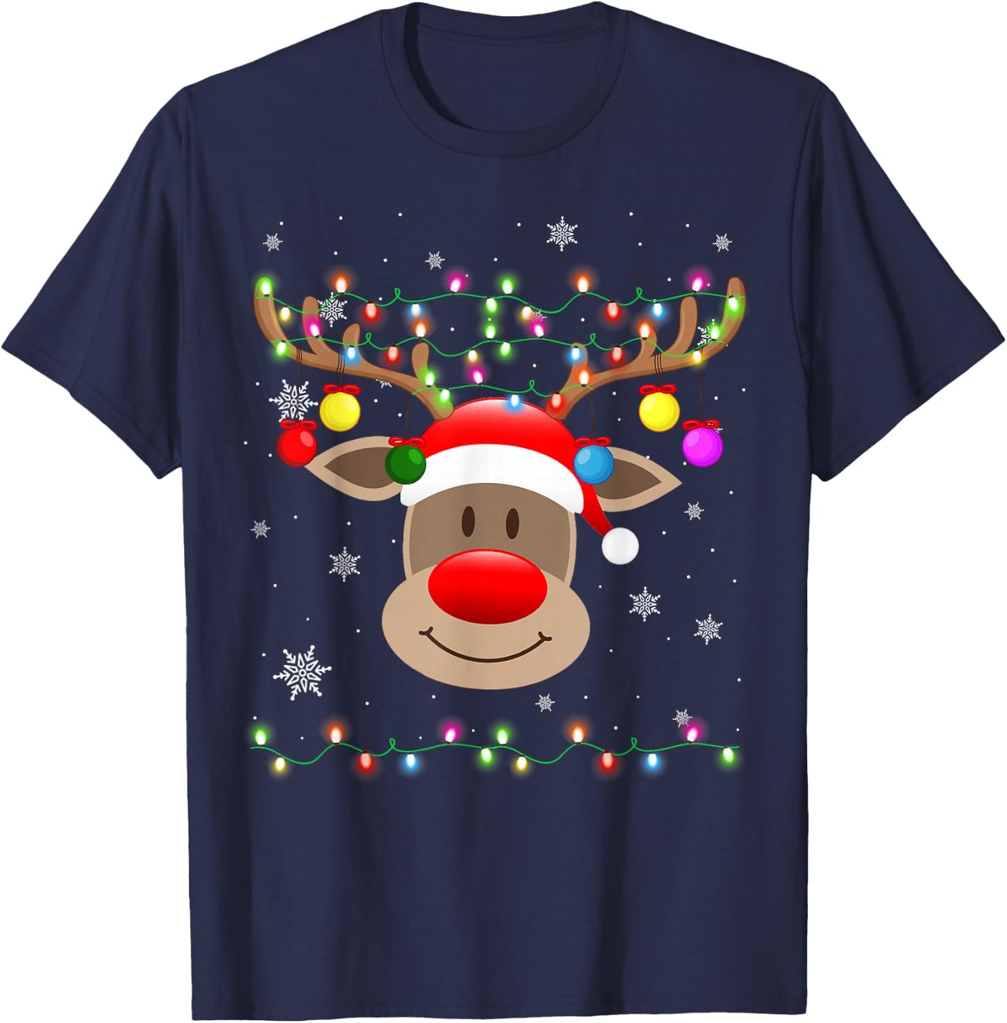 Red Nose Reindeer Snowflakes Chirstmas Lights T-Shirt - T-Shirt | Navy