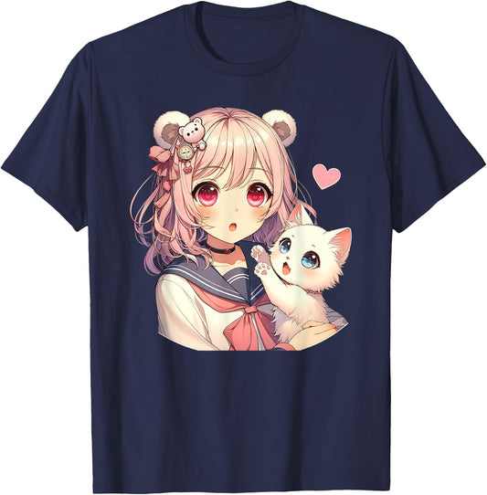 Anime Kawaii, girl with cute cat, adorable pink design, Otaku , Black, S T-Shirt - T-Shirt | Navy