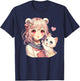 Anime Kawaii, girl with cute cat, adorable pink design, Otaku , Black, S T-Shirt - T-Shirt | Navy