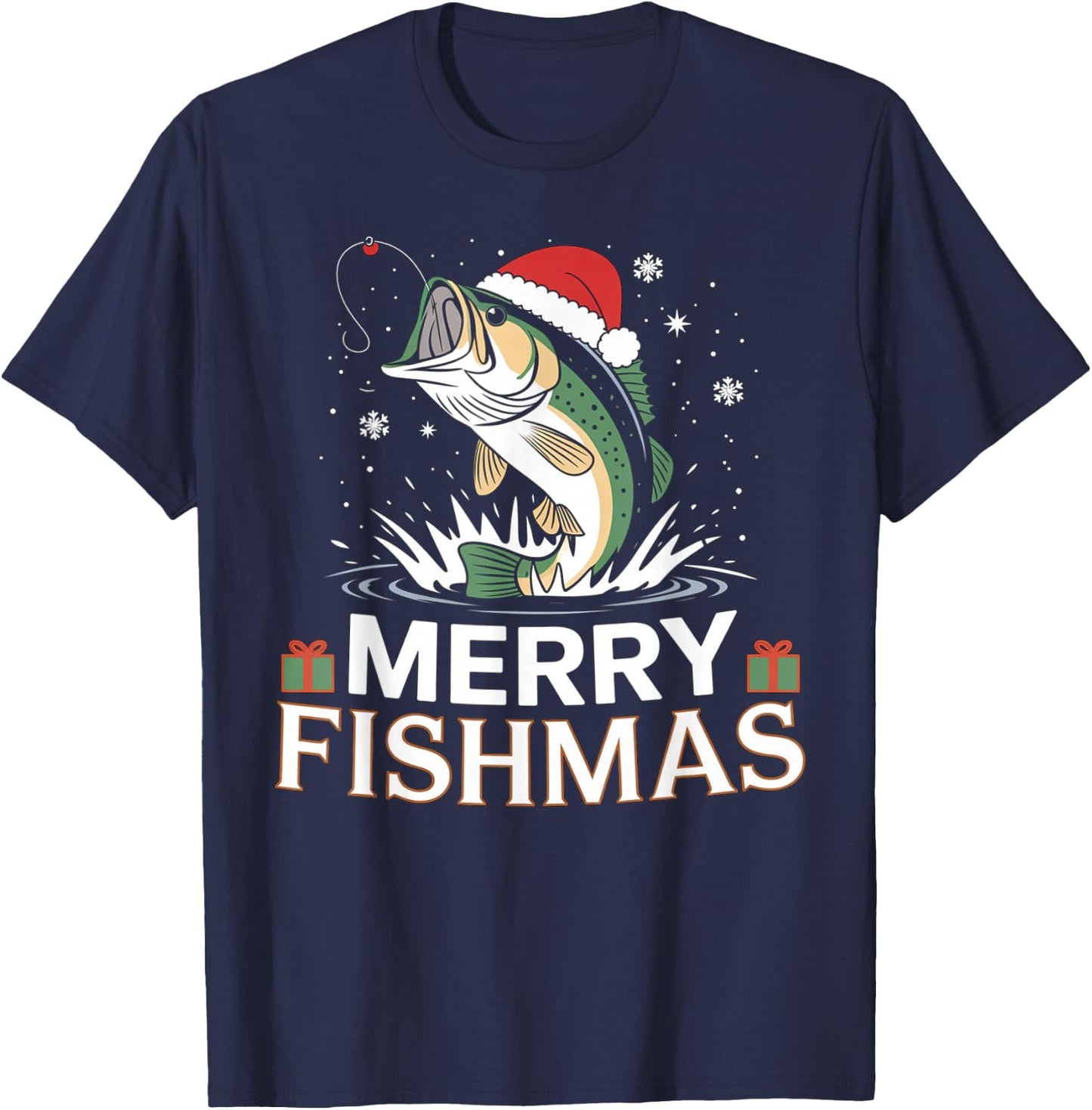 Merry Fishmas, Funny Fishing Design for Christmas , Black, S T-Shirt - T-Shirt | Navy