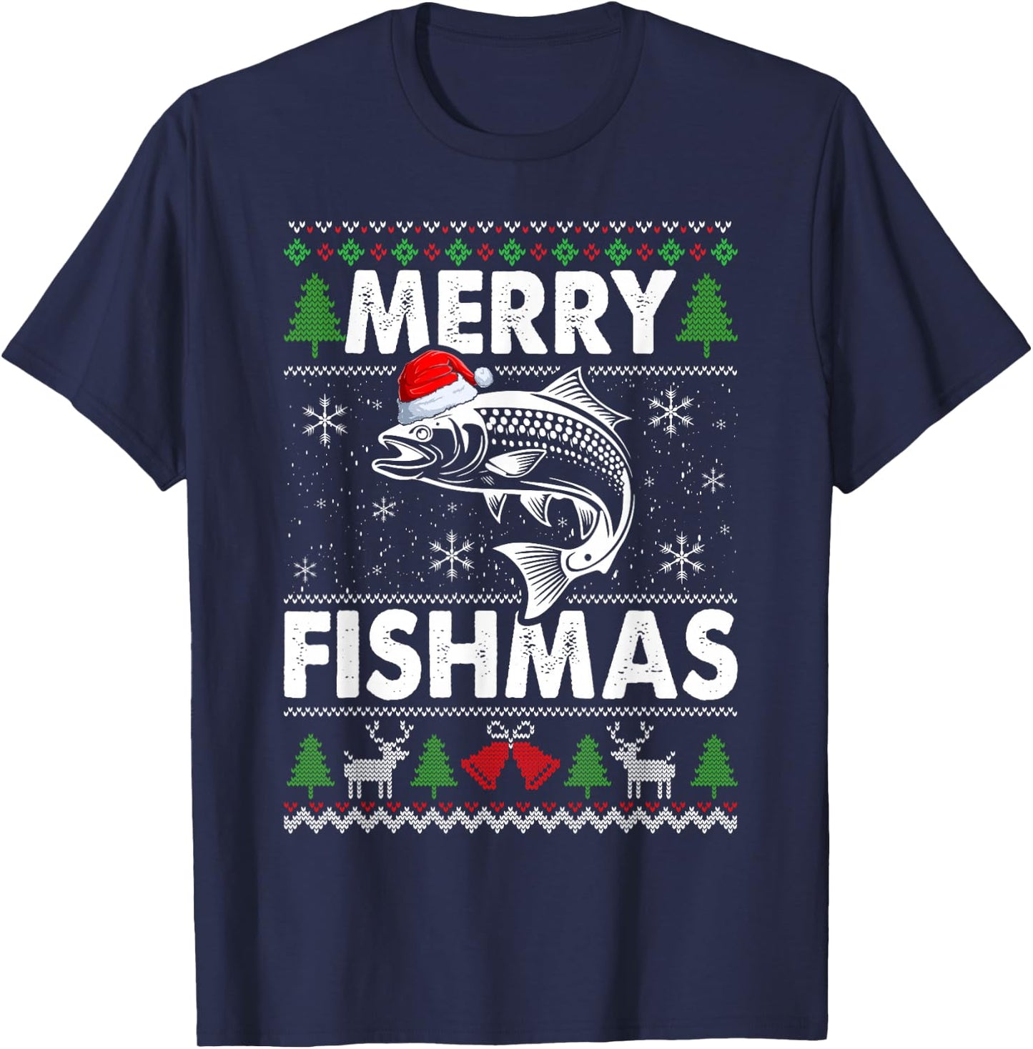 Merry Fishmas Fisherman Fishing Ugly Christmas T-Shirt - T-Shirt | Navy