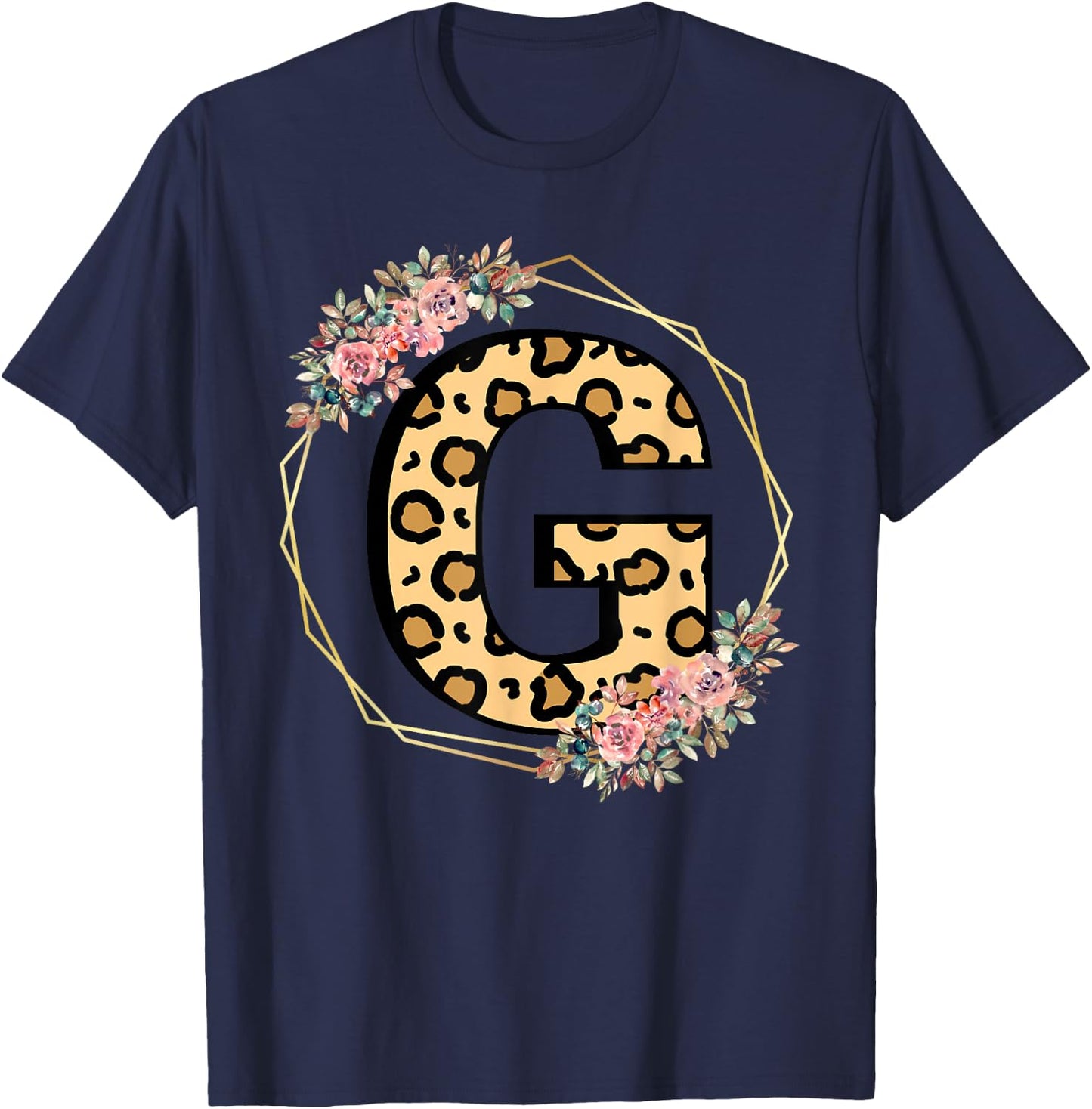 Leopard Letter G Initial Flower Monogram Women Girls T-Shirt - T-Shirt | Navy