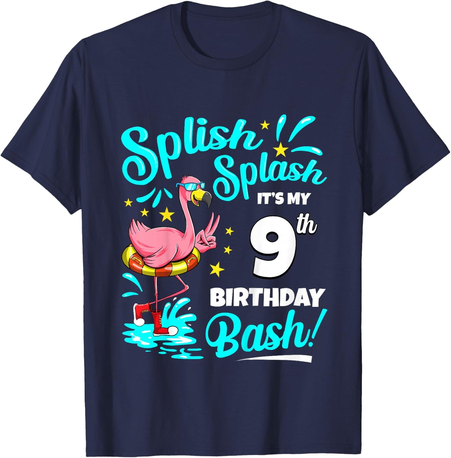 9th Birthday Flamingo 9 Years Old Pool Party Summer T-Shirt - T-Shirt | Navy
