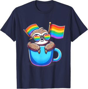 Cute Sloth with Pride Flags LGBTQ+ Support cute Animal T-Shirt - T-Shirt | Navy