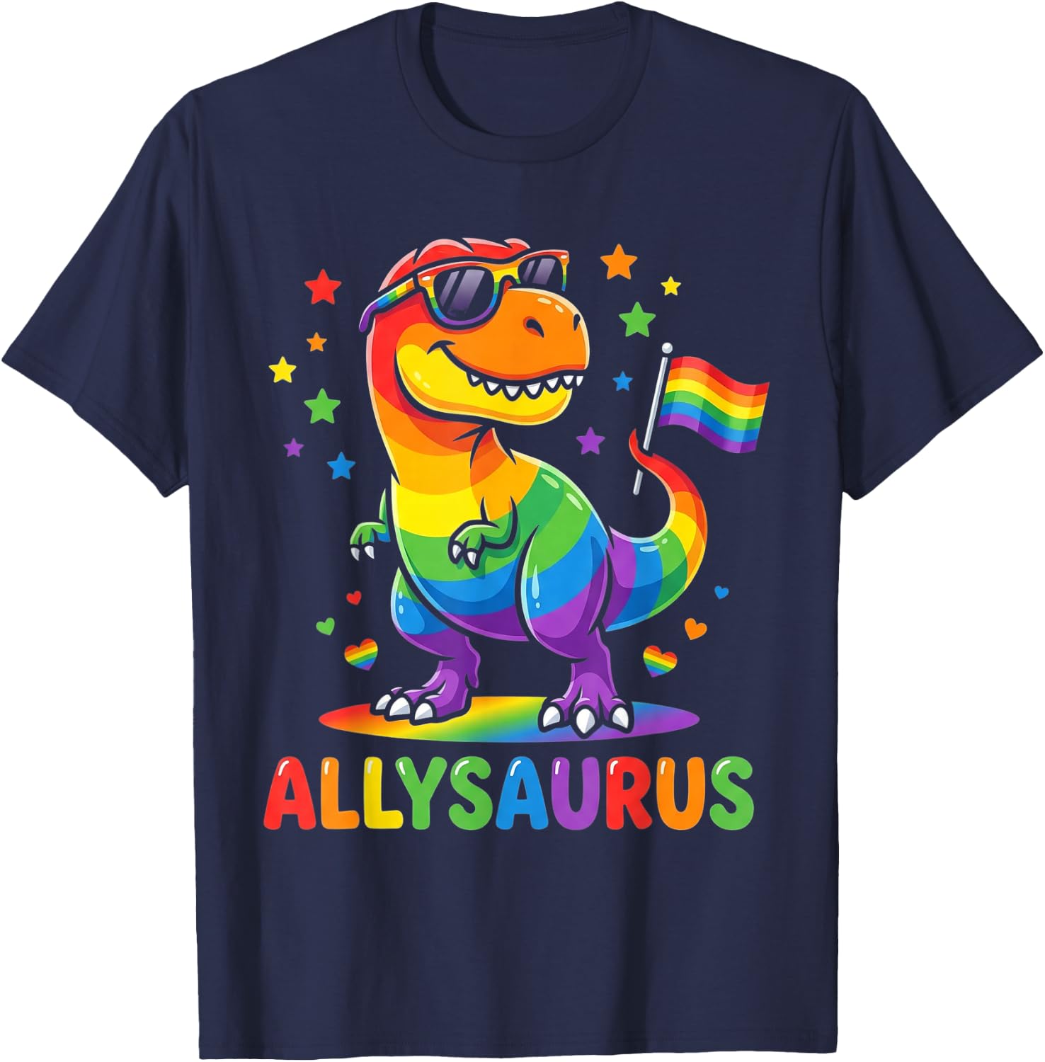 Allysaurus Dinosaur LGBTQ Ally Pride Support Rainbow Flag T-Shirt - T-Shirt | Navy