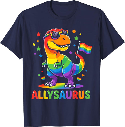 Allysaurus Dinosaur LGBTQ Ally Pride Support Rainbow Flag T-Shirt - T-Shirt | Navy