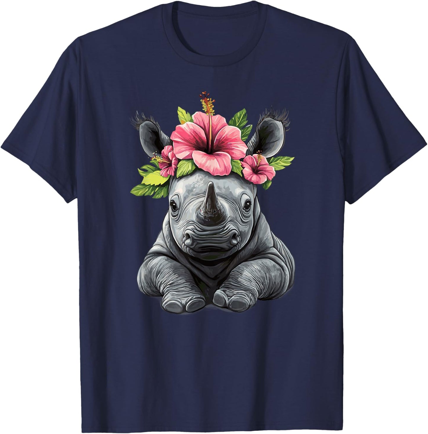 Adorable Baby Rhino With Flower Crown T-Shirt - T-Shirt | Navy