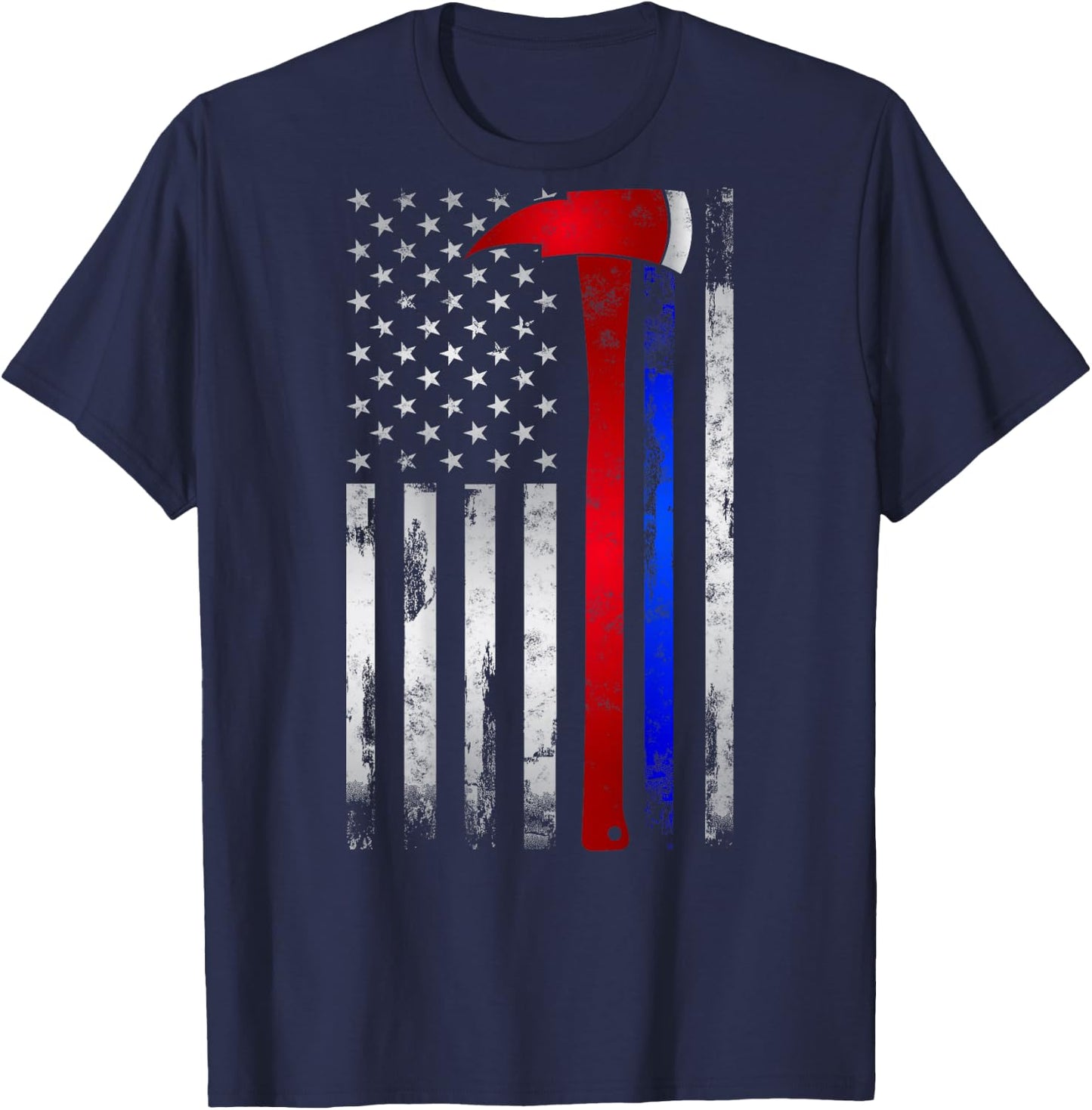 Thin Red Blue line American Flag Axe Gift Firefighter Police T-Shirt - T-Shirt | Navy