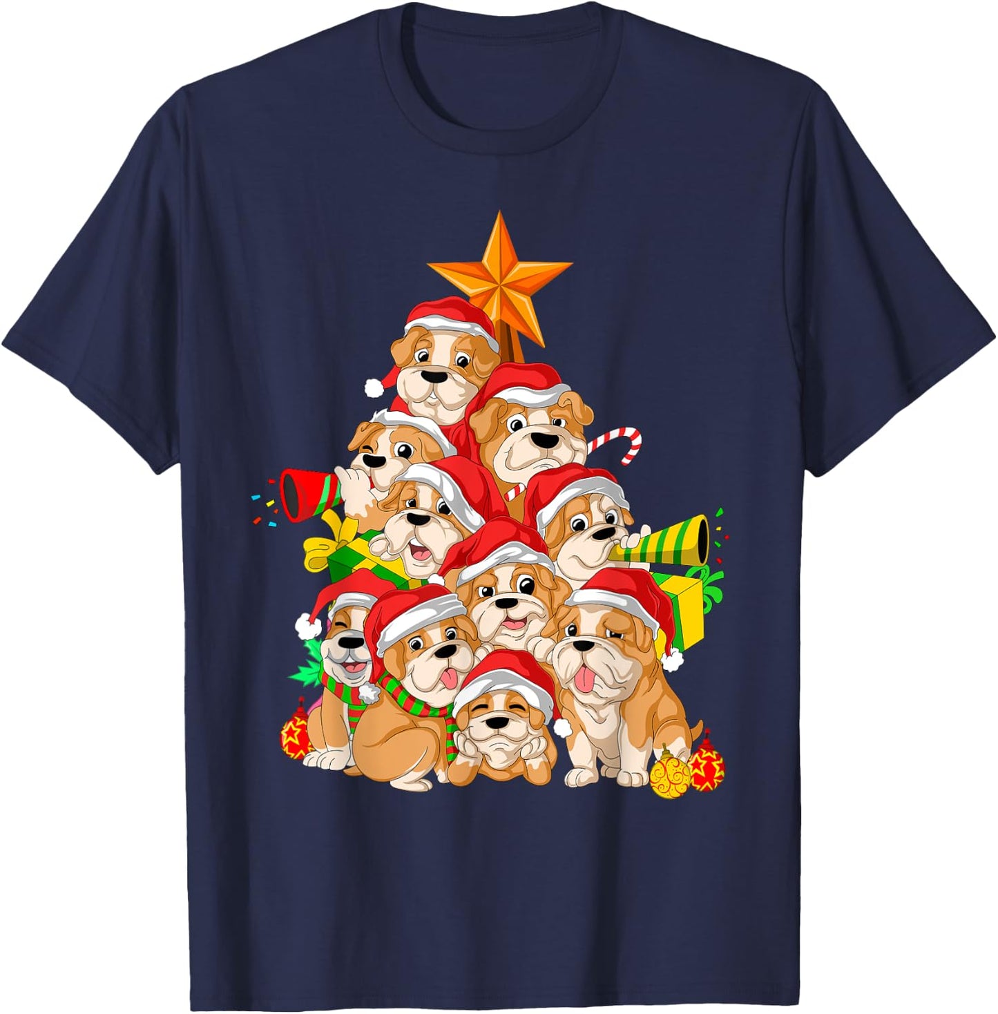 English Bulldog Christmas Tree Dog Xmas Gift Women Kids T-Shirt - T-Shirt | Navy
