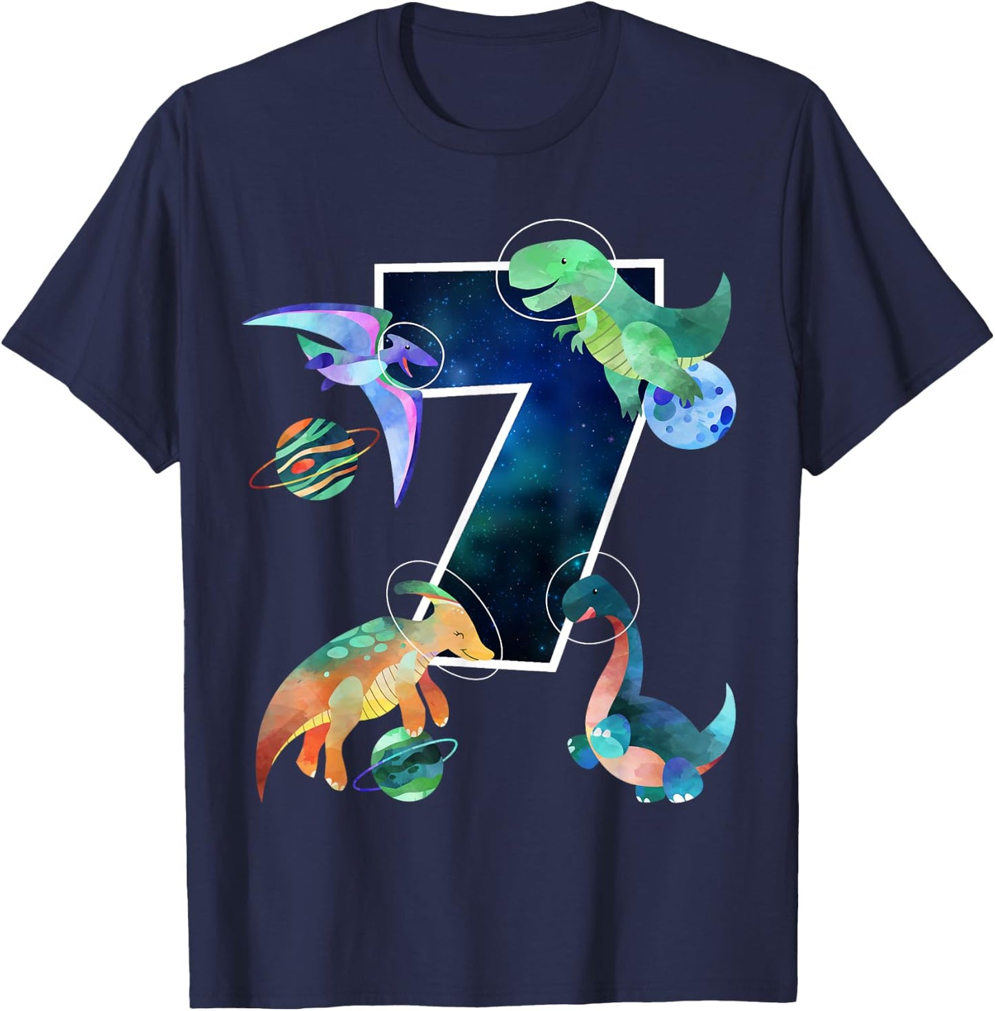Kids Astronaut Outer Space Dinosaurs 7th Birthday Boy Gift T-Shirt - T-Shirt | Navy