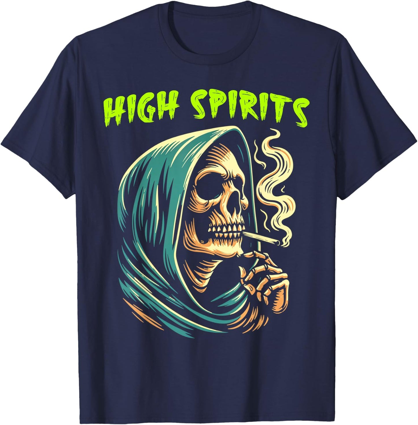 High Spirits Skull Smoking Reaper Grim Reaper High Spirits T-Shirt - T-Shirt | Navy