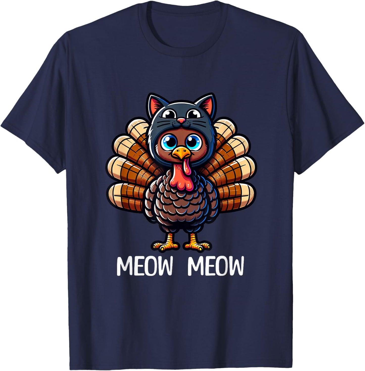 Thanksgiving Turkey Cat Men Women Funny Thanksgiving T-Shirt - T-Shirt | Navy