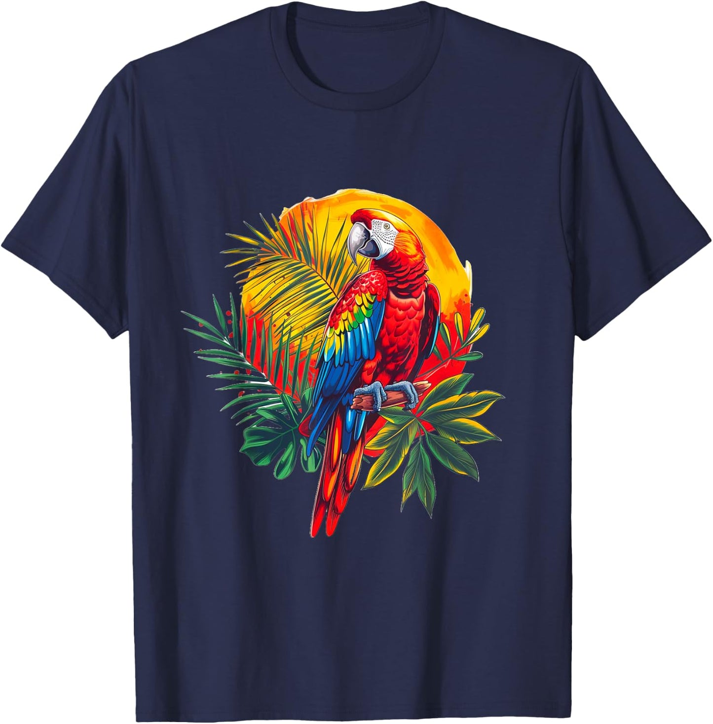 Scarlet Macaw Paradise: Tropical Parrot and Nature Sunset T-Shirt - T-Shirt | Navy