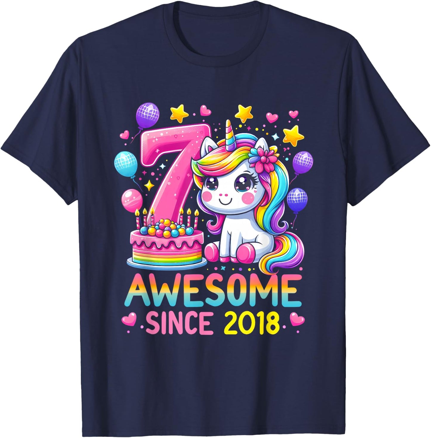Unicorn 7th Birthday 7 Year Old Party Awesome Since 2018 T-Shirt - T-Shirt | Navy