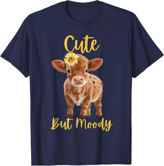 Cute Cow-Moody Cow Lovers Farm Cowgirl Baby Cow an Sunflower T-Shirt - T-Shirt | Navy