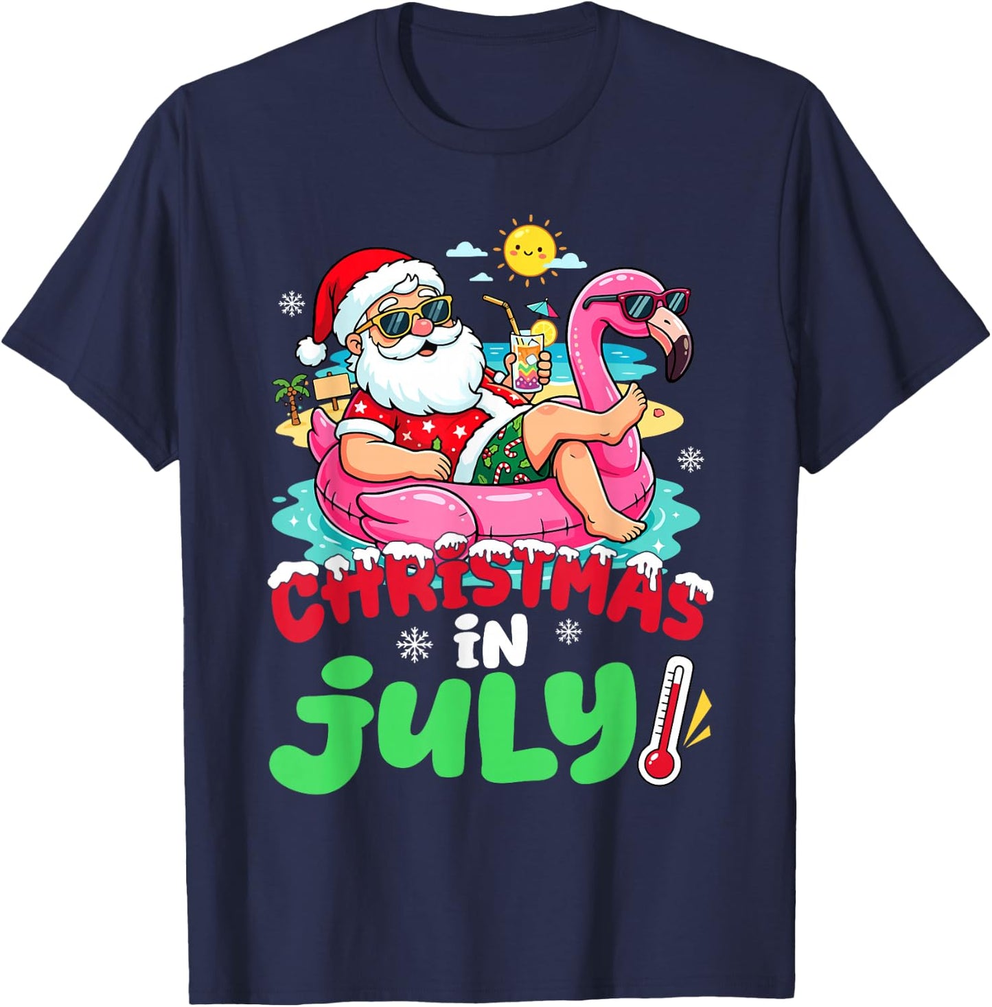 Santa Flamingo Floatie Summer Christmas in July Men Women T-Shirt - T-Shirt | Navy