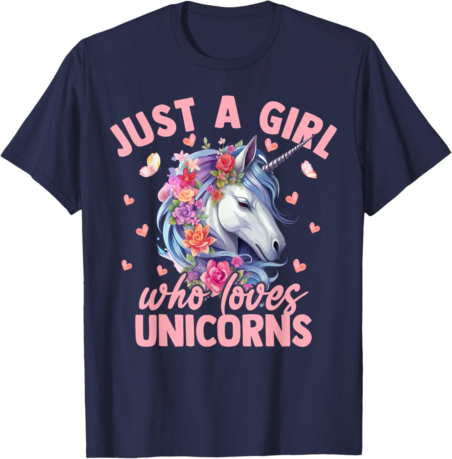 Just A Girl Who Loves Unicorns Aesthetic Flower Women Girls T-Shirt - T-Shirt | Navy