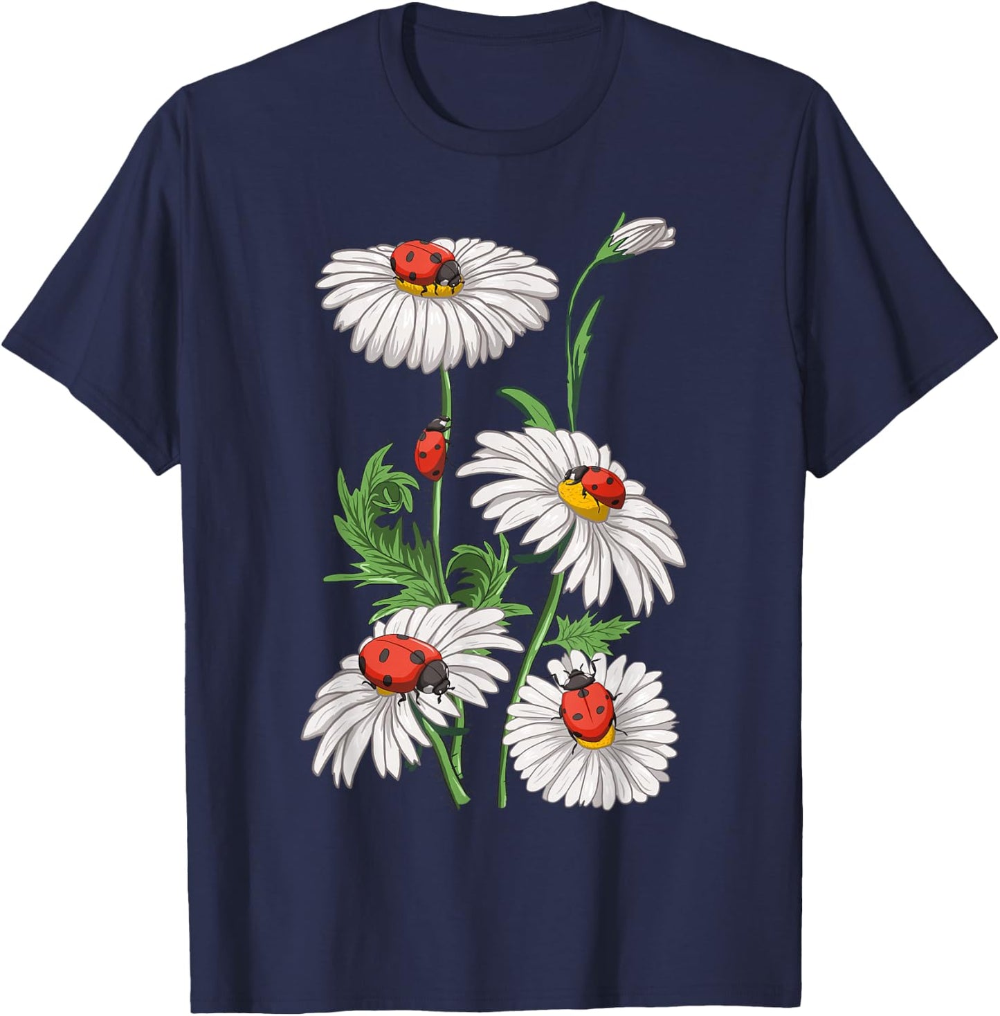 Ladybugs Daisies Chamomile Marguerites Bouquet Gardeners T-Shirt - T-Shirt | Navy