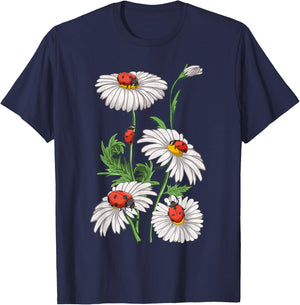 Ladybugs Daisies Chamomile Marguerites Bouquet Gardeners T-Shirt - T-Shirt | Navy
